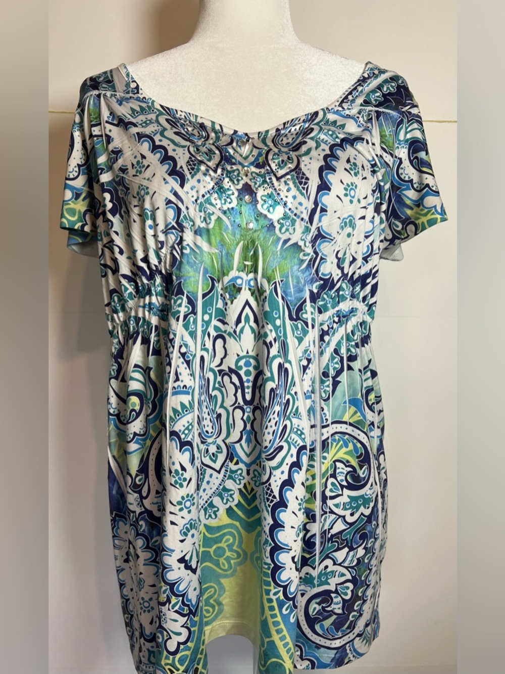 One World Boho Paisley Tunic Top Blue Green Beaded Stretchy Short Sleeve L